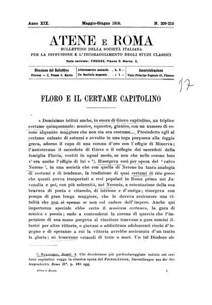 Atene e Roma bullettino della società italiana della diffusione e l'incoraggiamento degli studi classici