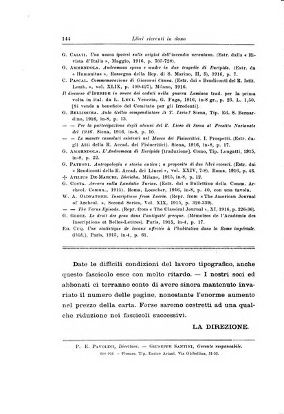 Atene e Roma bullettino della società italiana della diffusione e l'incoraggiamento degli studi classici