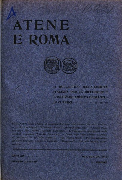 Atene e Roma bullettino della società italiana della diffusione e l'incoraggiamento degli studi classici