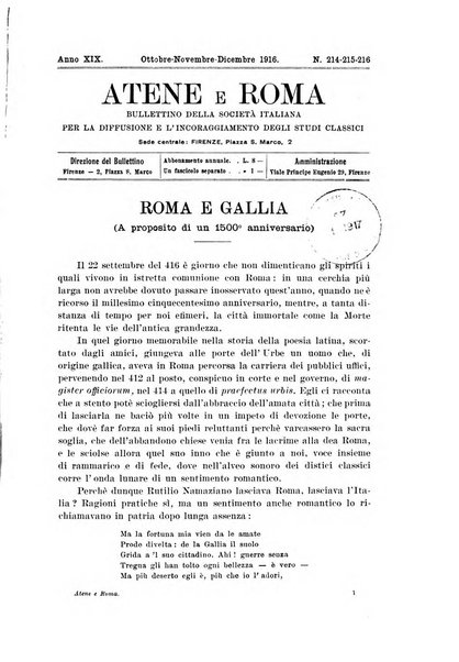 Atene e Roma bullettino della società italiana della diffusione e l'incoraggiamento degli studi classici