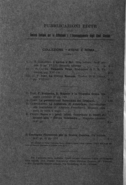 Atene e Roma bullettino della società italiana della diffusione e l'incoraggiamento degli studi classici