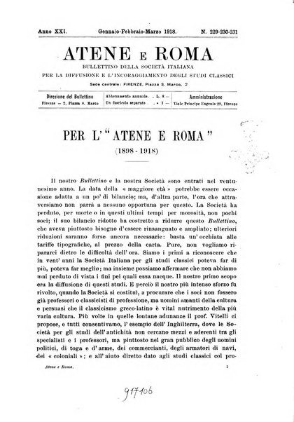 Atene e Roma bullettino della società italiana della diffusione e l'incoraggiamento degli studi classici