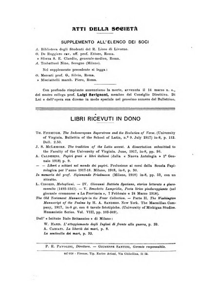 Atene e Roma bullettino della società italiana della diffusione e l'incoraggiamento degli studi classici