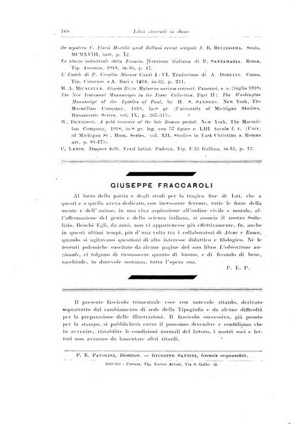 Atene e Roma bullettino della società italiana della diffusione e l'incoraggiamento degli studi classici