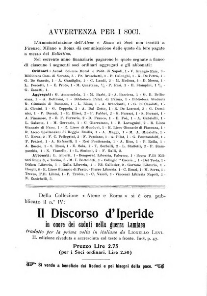 Atene e Roma bullettino della società italiana della diffusione e l'incoraggiamento degli studi classici