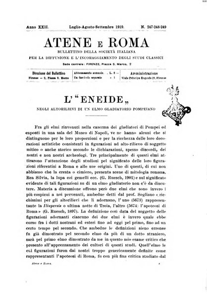 Atene e Roma bullettino della società italiana della diffusione e l'incoraggiamento degli studi classici