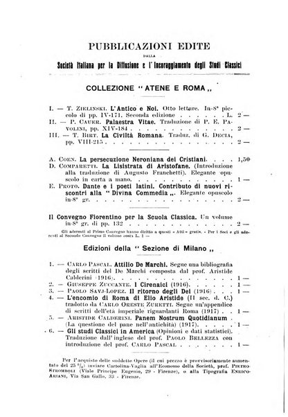 Atene e Roma bullettino della società italiana della diffusione e l'incoraggiamento degli studi classici