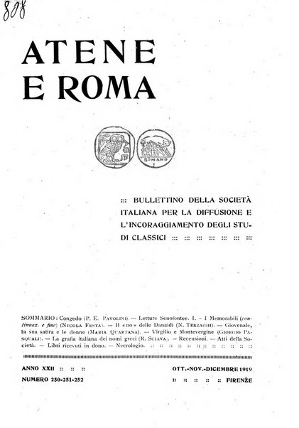 Atene e Roma bullettino della società italiana della diffusione e l'incoraggiamento degli studi classici