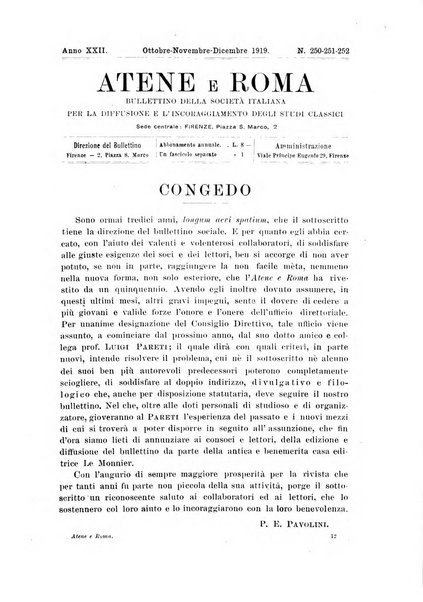 Atene e Roma bullettino della società italiana della diffusione e l'incoraggiamento degli studi classici