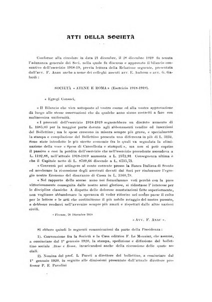 Atene e Roma bullettino della società italiana della diffusione e l'incoraggiamento degli studi classici