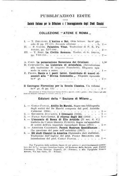 Atene e Roma bullettino della società italiana della diffusione e l'incoraggiamento degli studi classici