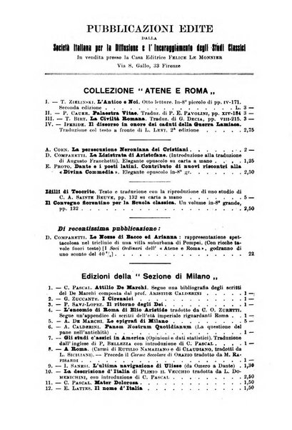 Atene e Roma bullettino della società italiana della diffusione e l'incoraggiamento degli studi classici