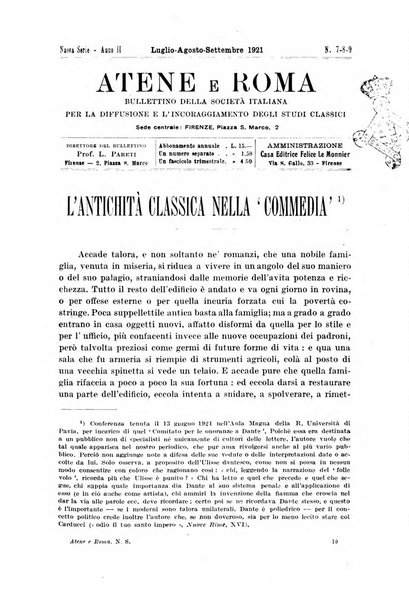 Atene e Roma bullettino della società italiana della diffusione e l'incoraggiamento degli studi classici