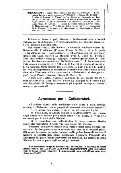 Atene e Roma bullettino della società italiana della diffusione e l'incoraggiamento degli studi classici