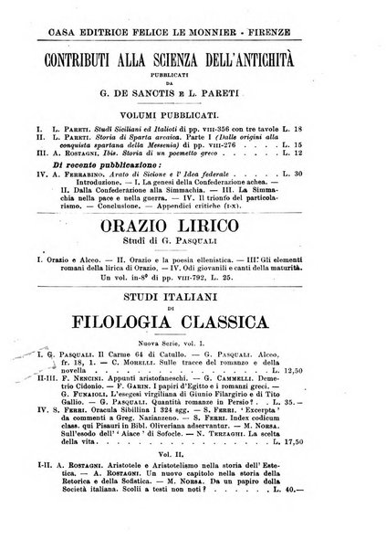 Atene e Roma bullettino della società italiana della diffusione e l'incoraggiamento degli studi classici