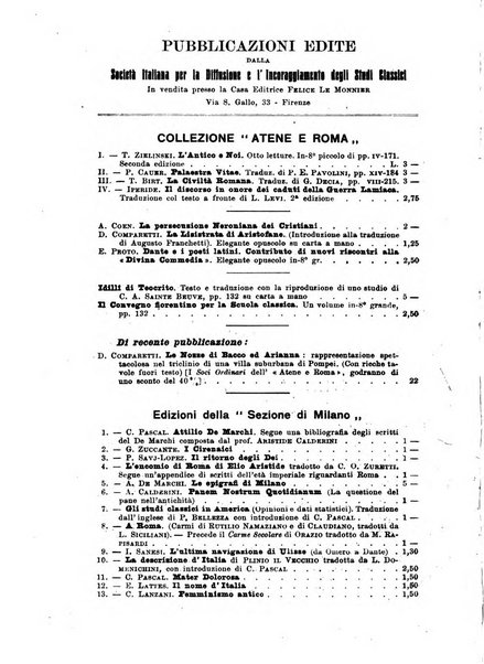 Atene e Roma bullettino della società italiana della diffusione e l'incoraggiamento degli studi classici