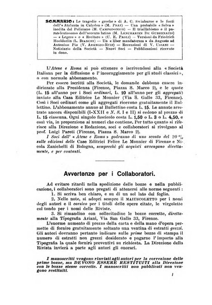 Atene e Roma bullettino della società italiana della diffusione e l'incoraggiamento degli studi classici