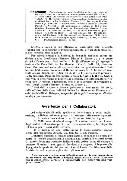 Atene e Roma bullettino della società italiana della diffusione e l'incoraggiamento degli studi classici