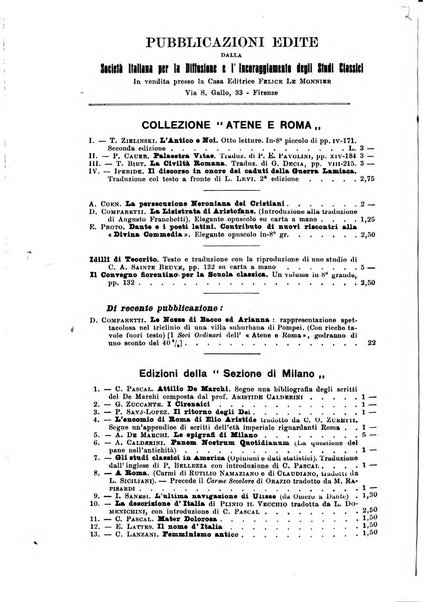 Atene e Roma bullettino della società italiana della diffusione e l'incoraggiamento degli studi classici