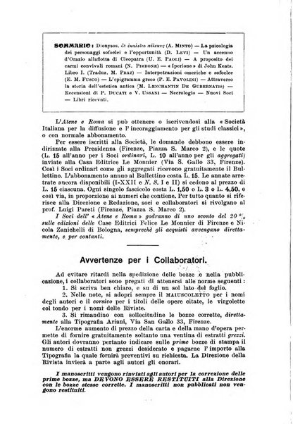 Atene e Roma bullettino della società italiana della diffusione e l'incoraggiamento degli studi classici