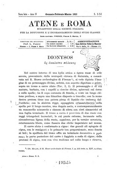 Atene e Roma bullettino della società italiana della diffusione e l'incoraggiamento degli studi classici