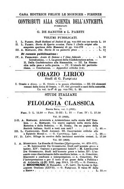 Atene e Roma bullettino della società italiana della diffusione e l'incoraggiamento degli studi classici