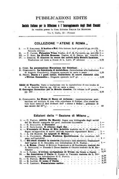 Atene e Roma bullettino della società italiana della diffusione e l'incoraggiamento degli studi classici