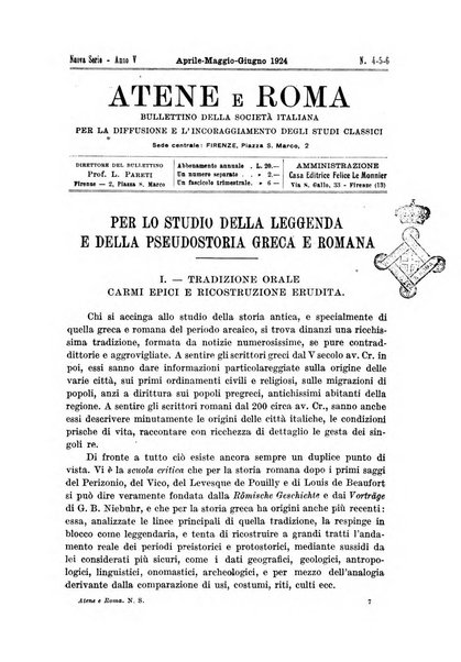 Atene e Roma bullettino della società italiana della diffusione e l'incoraggiamento degli studi classici