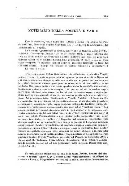 Atene e Roma bullettino della società italiana della diffusione e l'incoraggiamento degli studi classici