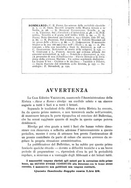 Atene e Roma bullettino della società italiana della diffusione e l'incoraggiamento degli studi classici