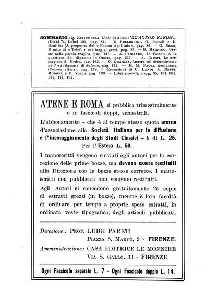 Atene e Roma bullettino della società italiana della diffusione e l'incoraggiamento degli studi classici