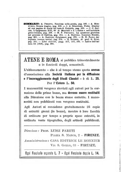 Atene e Roma bullettino della società italiana della diffusione e l'incoraggiamento degli studi classici