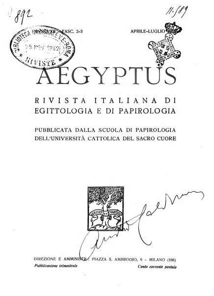 Aegyptus rivista italiana di egittologia e di papirologia