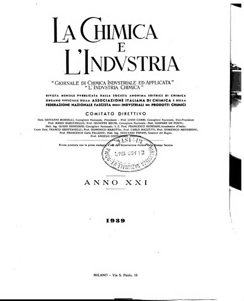 La chimica e l'industria organo ufficiale dell'Associazione italiana di chimica e della Federazione nazionale fascista degli industriali dei prodotti chimici