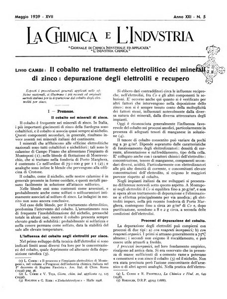 La chimica e l'industria organo ufficiale dell'Associazione italiana di chimica e della Federazione nazionale fascista degli industriali dei prodotti chimici