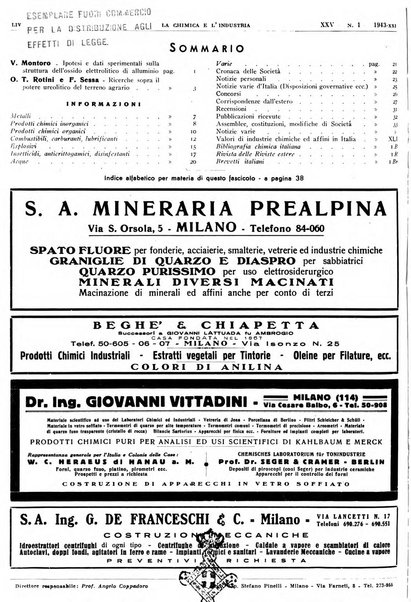 La chimica e l'industria organo ufficiale dell'Associazione italiana di chimica e della Federazione nazionale fascista degli industriali dei prodotti chimici