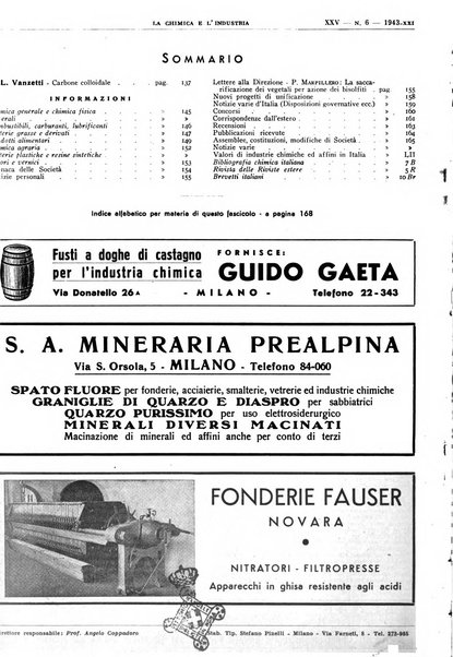 La chimica e l'industria organo ufficiale dell'Associazione italiana di chimica e della Federazione nazionale fascista degli industriali dei prodotti chimici