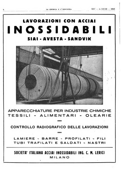 La chimica e l'industria organo ufficiale dell'Associazione italiana di chimica e della Federazione nazionale fascista degli industriali dei prodotti chimici