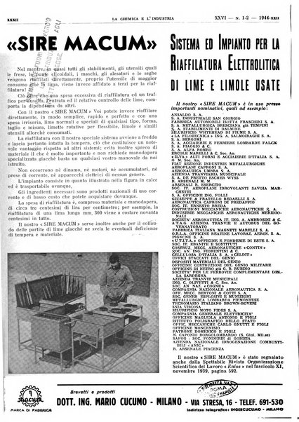 La chimica e l'industria organo ufficiale dell'Associazione italiana di chimica e della Federazione nazionale fascista degli industriali dei prodotti chimici