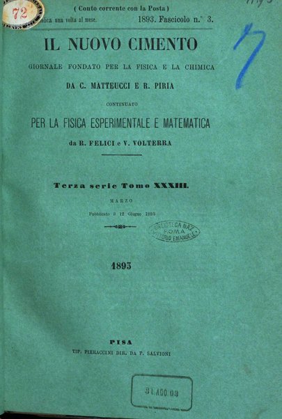 Il nuovo cimento giornale di fisica, di chimica, e delle loro applicazioni alla medicina, alla farmacia ed alle arti industriali