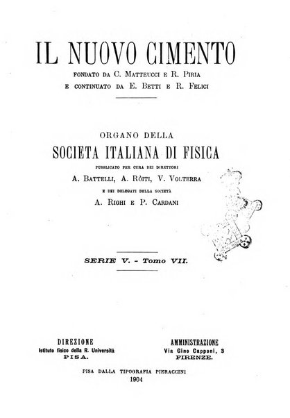 Il nuovo cimento giornale di fisica, di chimica, e delle loro applicazioni alla medicina, alla farmacia ed alle arti industriali