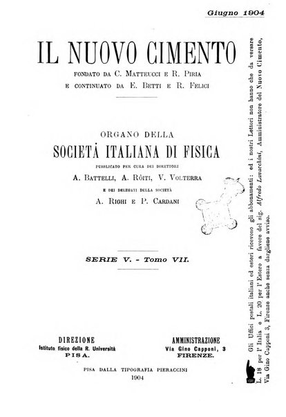 Il nuovo cimento giornale di fisica, di chimica, e delle loro applicazioni alla medicina, alla farmacia ed alle arti industriali