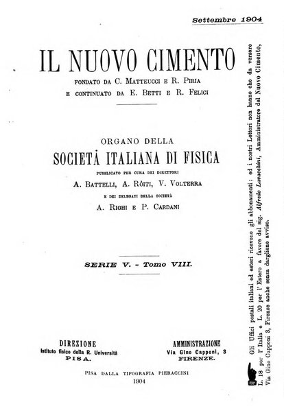 Il nuovo cimento giornale di fisica, di chimica, e delle loro applicazioni alla medicina, alla farmacia ed alle arti industriali