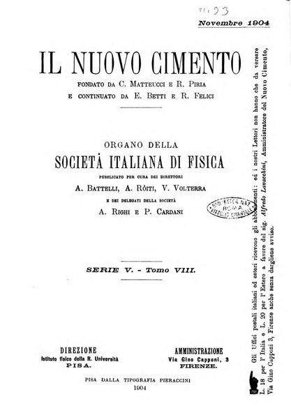 Il nuovo cimento giornale di fisica, di chimica, e delle loro applicazioni alla medicina, alla farmacia ed alle arti industriali