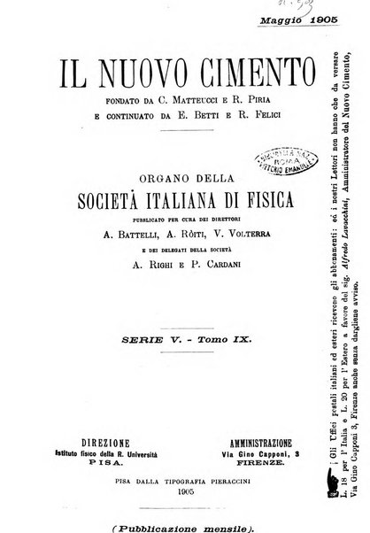 Il nuovo cimento giornale di fisica, di chimica, e delle loro applicazioni alla medicina, alla farmacia ed alle arti industriali