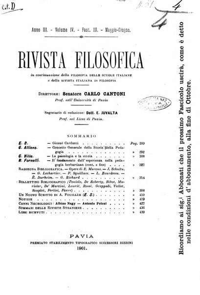 Rivista filosofica in continuazione della Rivista italiana di filosofia fondata da L. Ferri