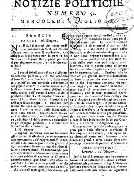 Notizie politiche o sia istoria de' piu famosi avvenimenti del mondo