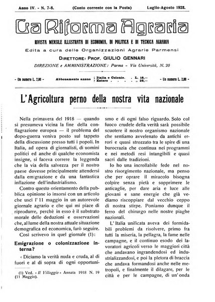 La riforma agraria rivista mensile illustrata delle organizzazioni agrarie parmensi