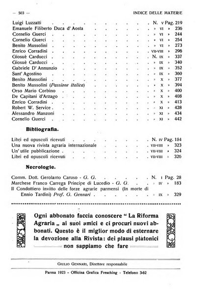 La riforma agraria rivista mensile illustrata delle organizzazioni agrarie parmensi