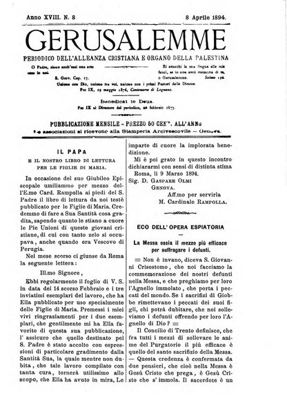 Gerusalemme periodico dell'alleanza cristiana e organo della Palestina